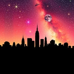 Silhouette of city skyline at sunset with the sun glowing in the sky skyline silhouette 