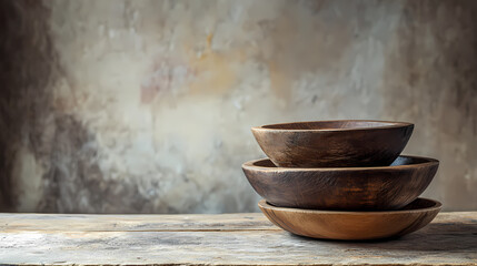 Wooden bowls on rustic tabletop for minimalist aesthetic. Runewood. Illustration