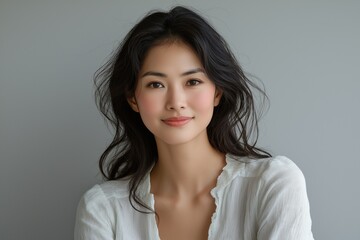 Fototapeta premium Portrait of an Asian young woman in white clothes, brunette girl.