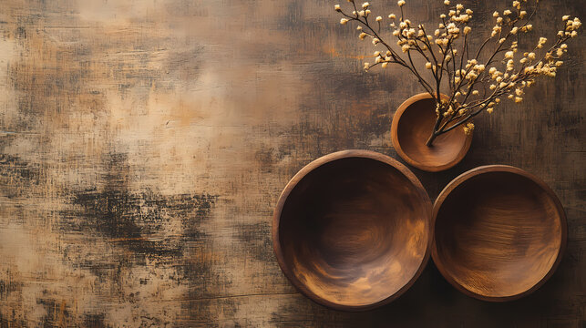 Wooden bowls on rustic tabletop for minimalist aesthetic. Runewood. Illustration