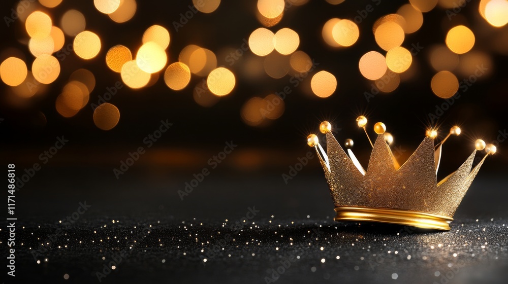 Poster golden crown resting on a dark surface with shimmering sparkles and bokeh lights in the background