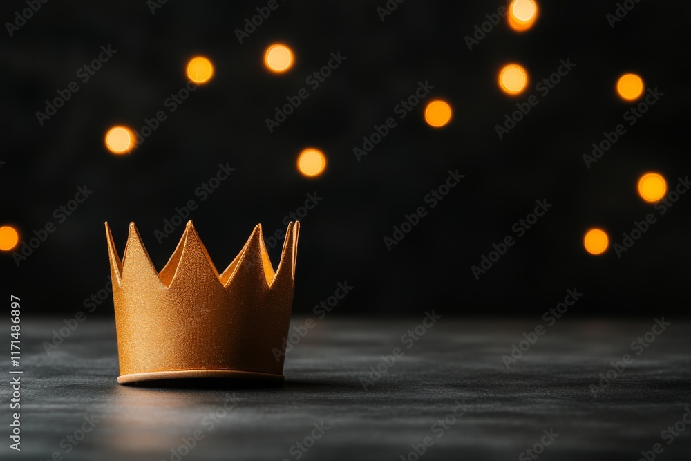 Poster Golden crown on a dark surface with blurred lights in the background creating a festive atmosphere