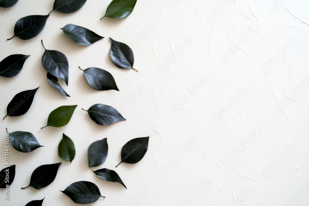 Aufkleber natural green and black leaves arranged on a light textured background creating a visually appealing