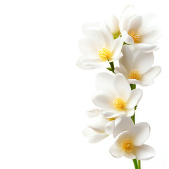 Elegant white flowers with yellow centers on a green stem, captured on a white isolated background.