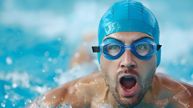 Powerful Freestyle Swimmer in Motion During Competitive Swimming Event