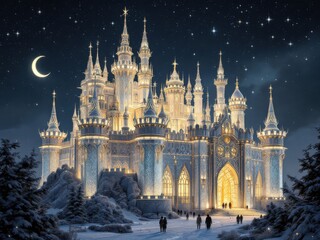 Fototapeta premium Enchanted Winter Castle: A Magical Night Scene