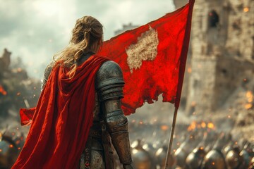 Obraz premium A man in a red cape stands in front of a red flag