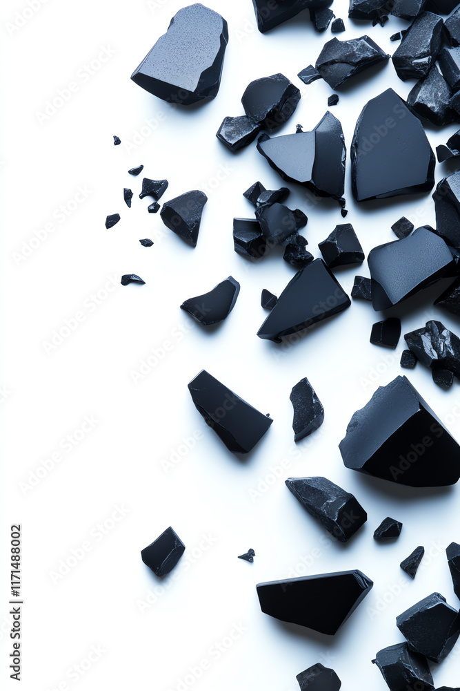 Poster black obsidian stone shards scattered on a white background, emphasizing texture and contrast.
