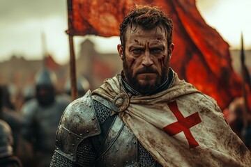 Obraz premium A man in a medieval costume stands in front of a red flag