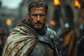 Naklejka premium A man in a medieval costume stands in front of a group of people