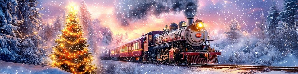 Naklejka premium A train speeding through a winter landscape. 