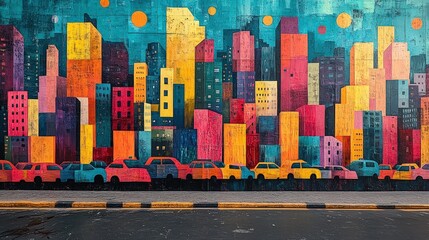 Colorful city mural, cars parked below.
