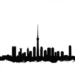 Urban skyline silhouette at dawn with calm water reflection and copy space skyline silhouette 