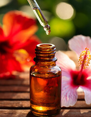 Hawaiian Hibiscus Pollen Flower, floral, drop essence falling from a glass pipette, amber bottle glass, flower therapy, Hawaii floral system, terapia floral