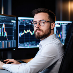 A man wearing glasses sits in front of a computer monitor with a beard