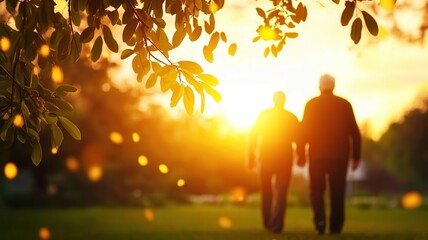 Two individuals stroll together at sunset, surrounded by a serene landscape and dappled light through leaves, evoking warmth and companionship.