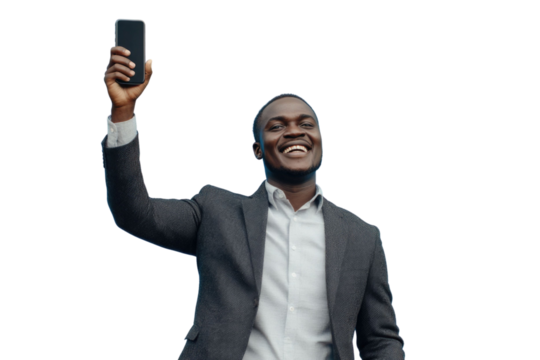 Happy excited sucessful modern man holding phone and raising arm up to celebrate achievement, isolated on PNG