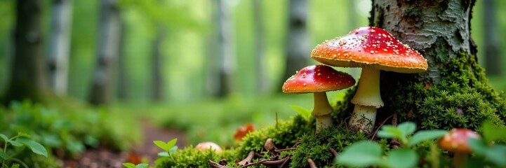 Birch forest with Leccinum mushrooms growing at base, bolete, birch