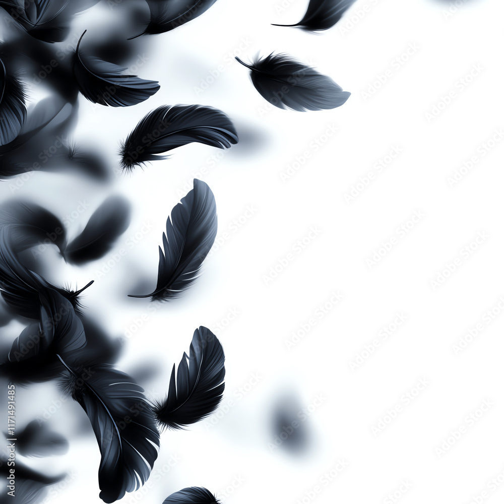 Aufkleber black feathers gently floating on a white isolated background, creating a serene and soft atmosphere