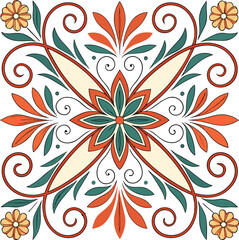 decorative tile design, symmetrical floral pattern in bold colors