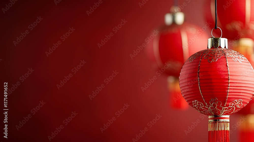 Poster vibrant red paper lanterns with intricate gold trim and patterns glowing and hanging for a festive o