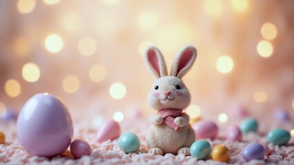 Easter bunny toy sitting with colorful eggs and bokeh lights