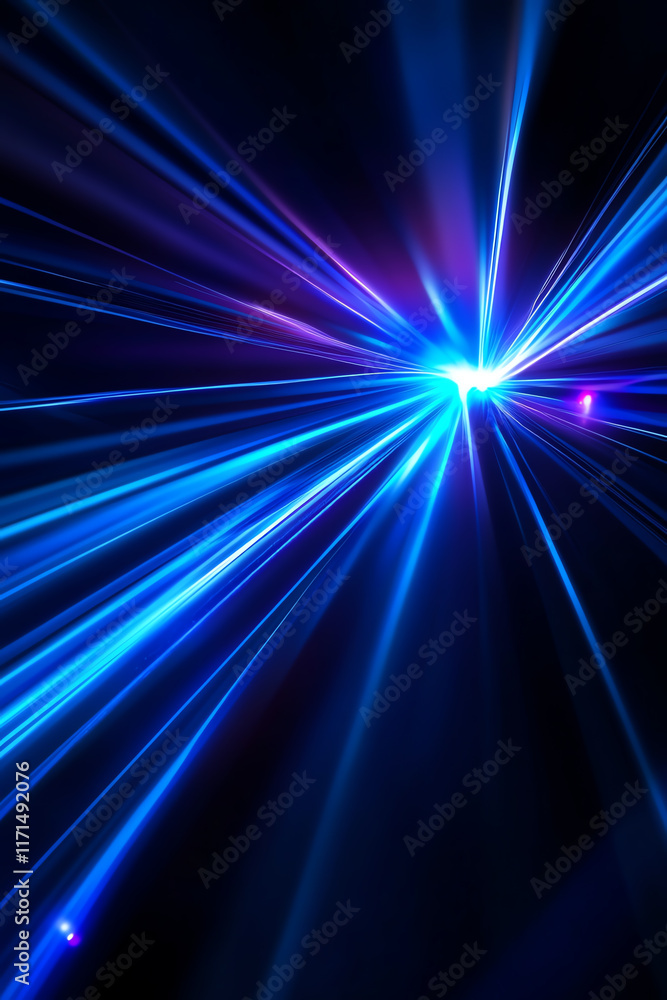 Poster vibrant blue light beams radiate in a dark space, creating a dynamic and energetic visual effect.