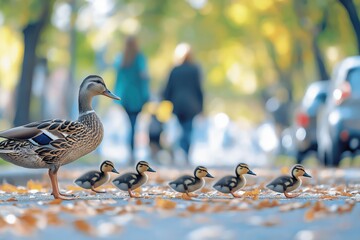 Ducklings waddle in a line under colorful autumn leaves while following their mother across the road