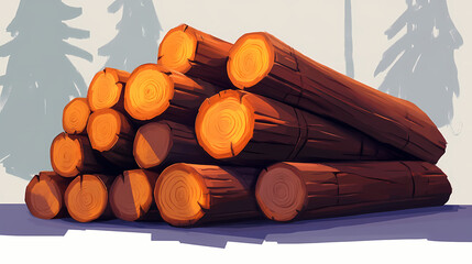 Pile of cut wood logs stacked neatly, freshly chopped timber ready for use. Runewood. Illustration
