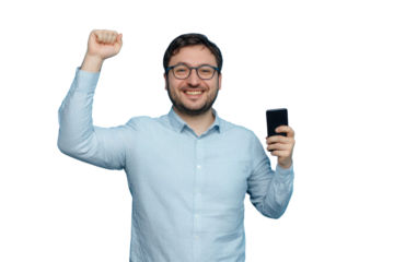 Happy excited sucessful modern man holding phone and raising arm up to celebrate achievement, isolated on PNG