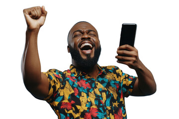 Happy excited sucessful modern man holding phone and raising arm up to celebrate achievement, isolated on PNG