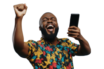 Happy excited sucessful modern man holding phone and raising arm up to celebrate achievement, isolated on PNG