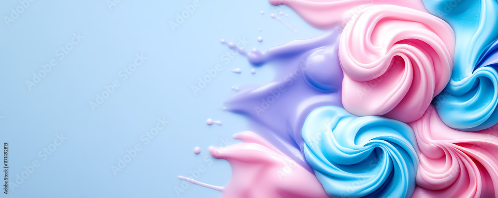 Poster swirling pastel-colored cream against a soft blue background, creating a vibrant and dynamic visual 
