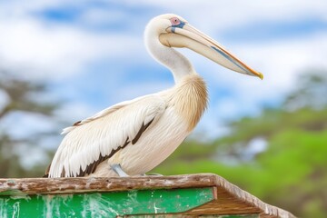 Obraz premium Majestic pelican resting on the deck of a cruise boat in Walvis Bay, Namibia during a serene maritime adventure