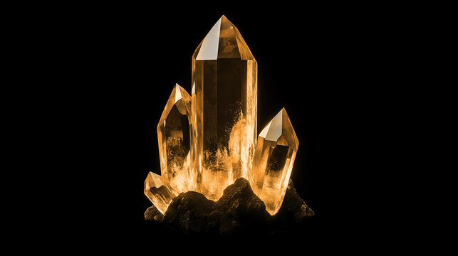 one single yellow citrine quartz cluster isolated on solid black background	
