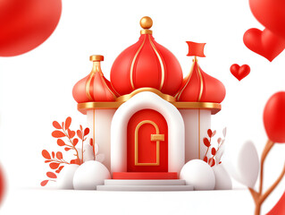 A whimsical red and white house with a dome-shaped roof, surrounded by hearts and foliage, on a white isolated background.