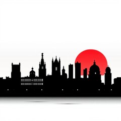 cityscape silhouette, iconic skyline, red sun, black and white contrast, minimalist design, urban landscape, architectural landmarks, stark shadows, geometric shapes, dramatic horizon, graphic style, 