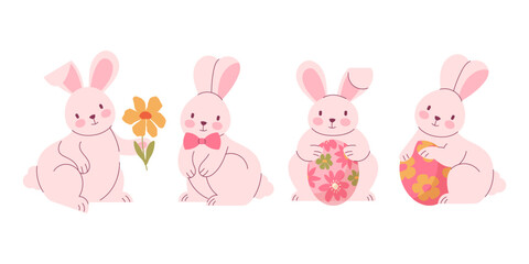 Collection of 4 cute Easter bunnies with Easter eggs