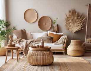 Interior design with furniture, boho scandinavian style, home staging and minimalism concept