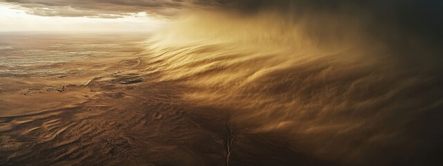 A dramatic aerial shot of a massive dust storm engulfing a desert landscape, Dust storm scene, Aerial style