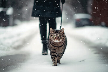 Cat walking on a leash through a snowy street as its owner follows, both bundled up for winter.