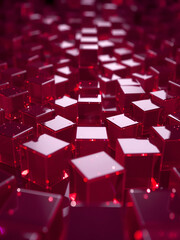 Shining red violet PFAS cubes view from the top. Conceptual background