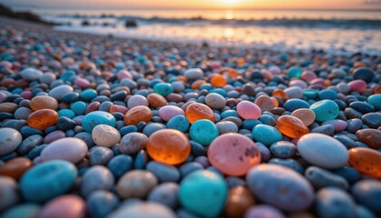 Obraz premium Sunset casts a warm glow on colorful pebbles lining the beach, creating a picturesque coastal scene.