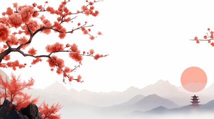 Serene landscape with cherry blossoms and a distant pagoda at sunset.