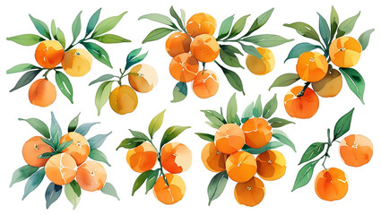 A collection of watercolor tangerine Illustration