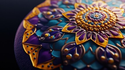 Fototapeta premium Close-up of ornate, colorful mandala design on a dark background.
