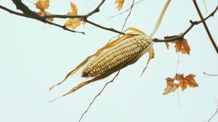 Ripe corn cob hanging on tree branch in autumn