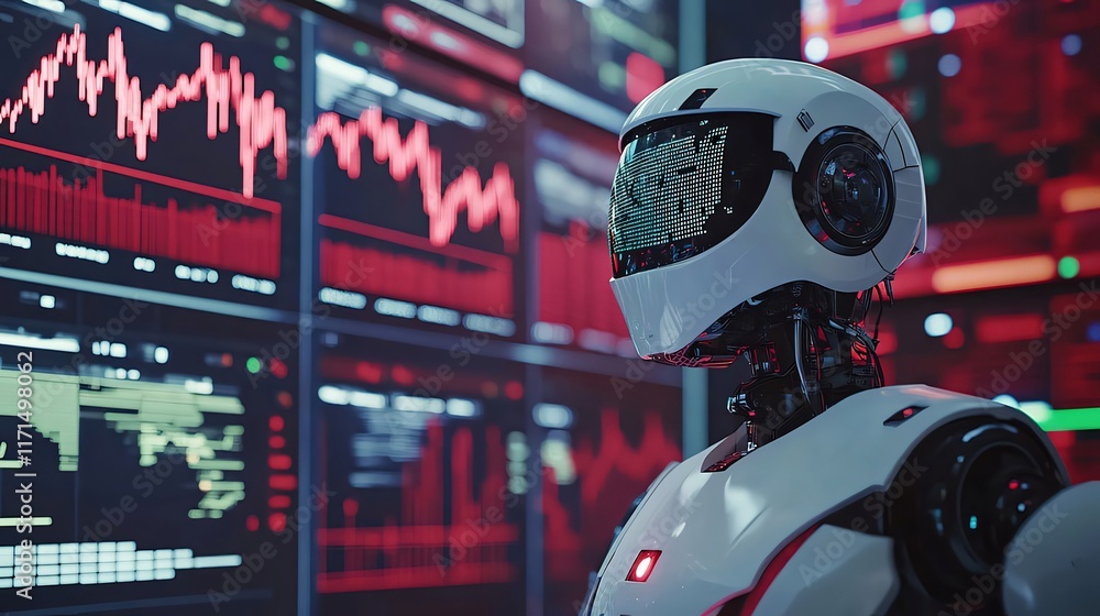 Poster ai robot analyzing stock market data on large screens.