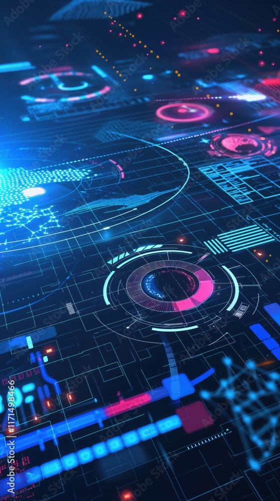 Wall mural vibrant virtual interface with pink neon highlights and circular data hub modern layout on dark back