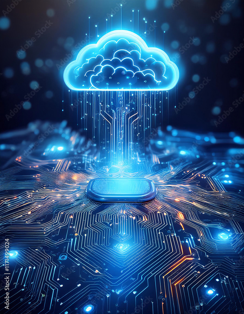 Poster a glowing blue cloud with data streams flowing from it, set against a backdrop of circuit boards and